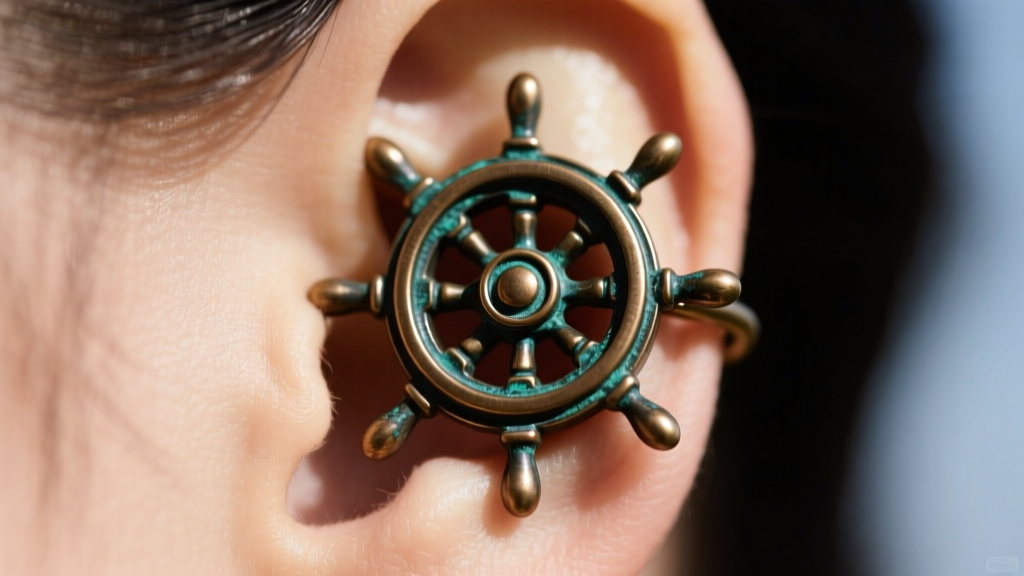 Macro shot of bronze ship wheel ear cuff on upper cartilage showing intricate spoke details and dark oxidized patina metal texture