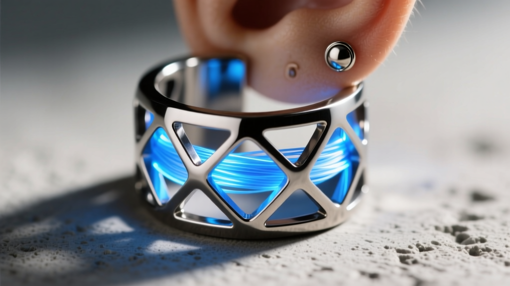 Close-up of a 16-gauge titanium ear cuff with glowing blue fiber optic strands woven through a geometric cage.