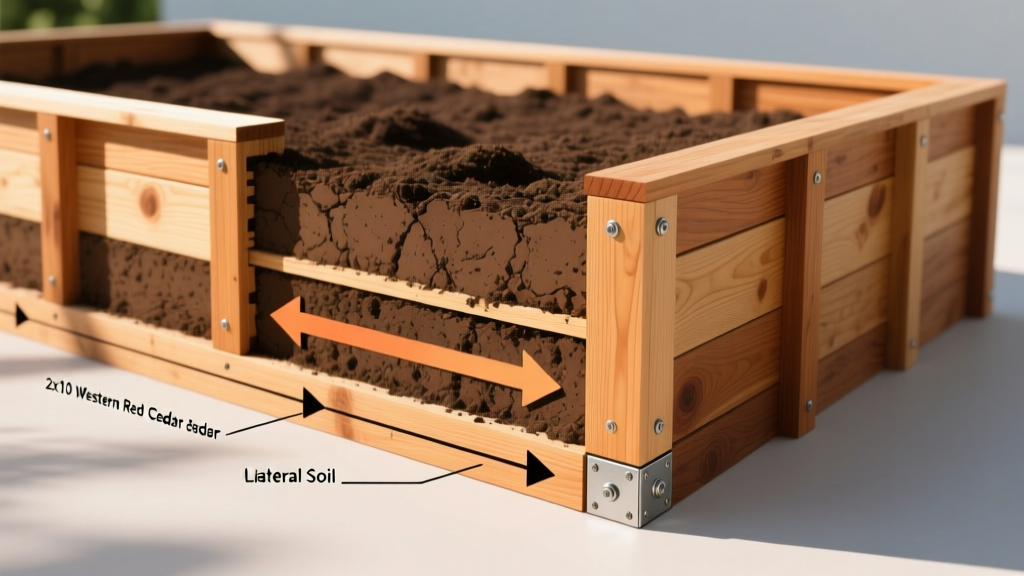 Cross-section diagram of a 2x10 Western Red Cedar raised garden bed showing lateral soil pressure arrows and structural corner bracing