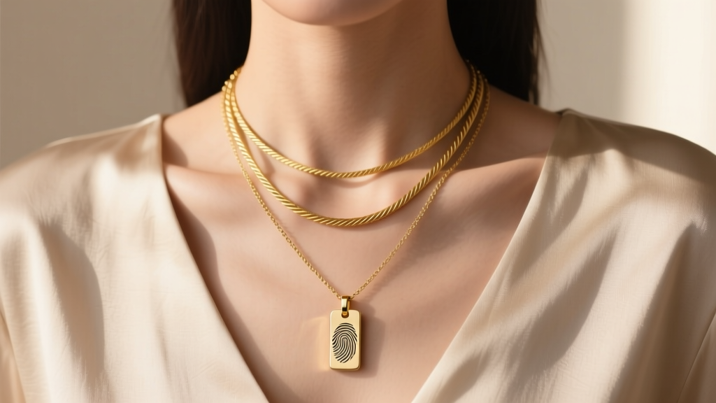 Chest-up shot of a woman layering three gold necklaces, featuring a 1.2mm cable chain and a custom fingerprint bar pendant