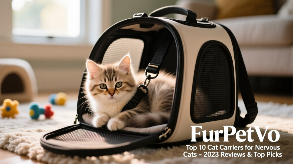 Close-up of a small kitten resting comfortably inside the FurPetVo Sport Carrier, with internal tether visible