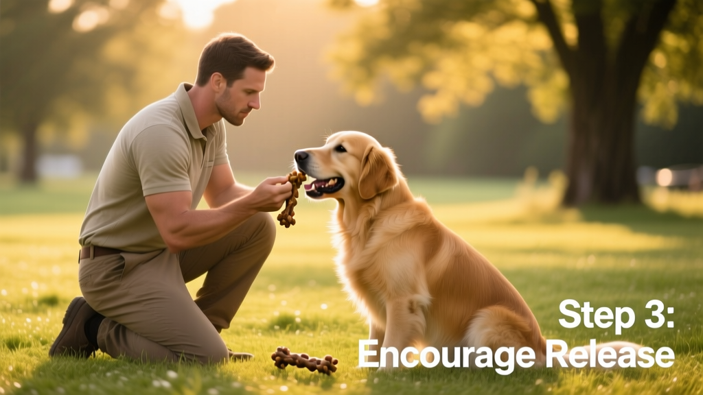 Trainer kneeling beside a dog, holding a treat near the dog's nose while the dog holds a toy in its mouth
