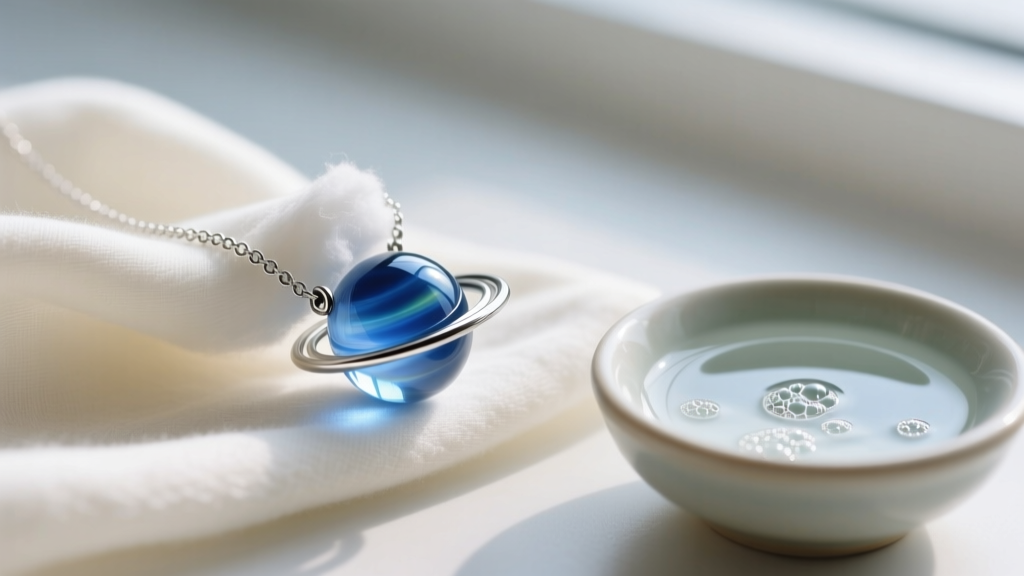 Soft cloth wiping a blue glass planet bead from a silver solar system necklace, beside a small bowl of mild soapy distilled water.