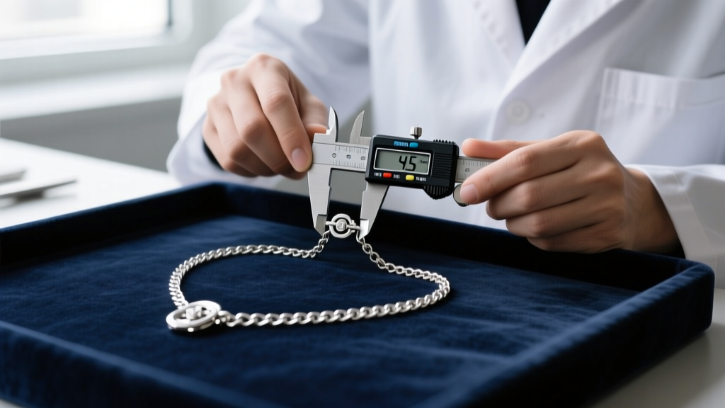 Jeweler using digital calipers to measure a 4.5mm sterling silver chest chain clasp mechanism resting on a dark velvet workbench