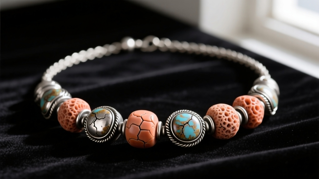 Close-up of a vintage Silpada sterling silver coral necklace showing tarnished settings and dried coral beads on dark velvet.