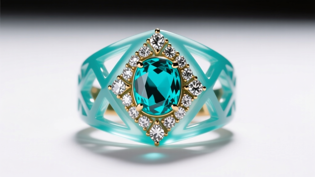 A vibrant 1970s Kenneth Jay Lane cocktail ring with carved lucite, turquoise cabochons, and pavé rhinestones under studio light.