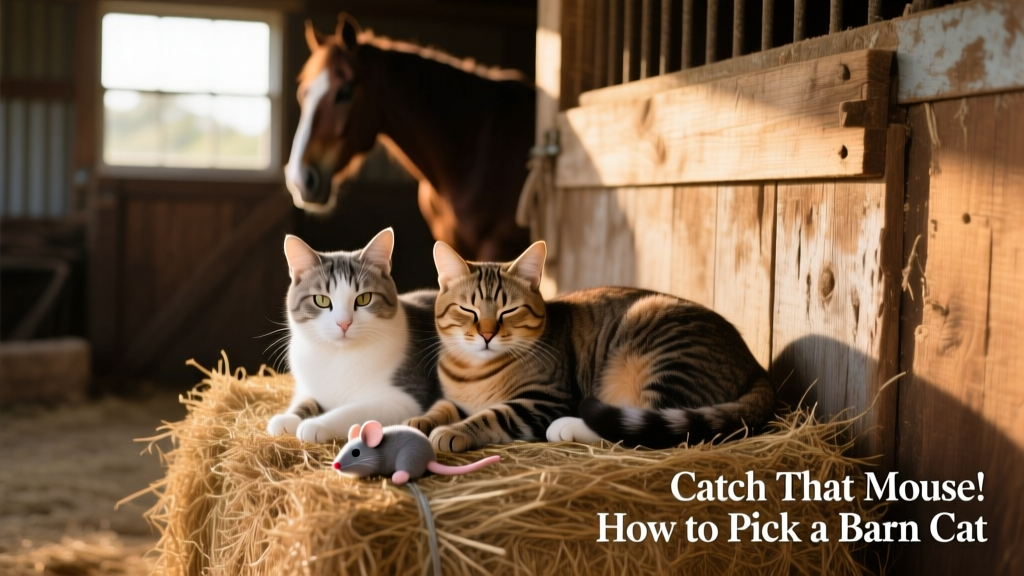 Two barn cats resting side-by-side on a hay bale near a horse stall