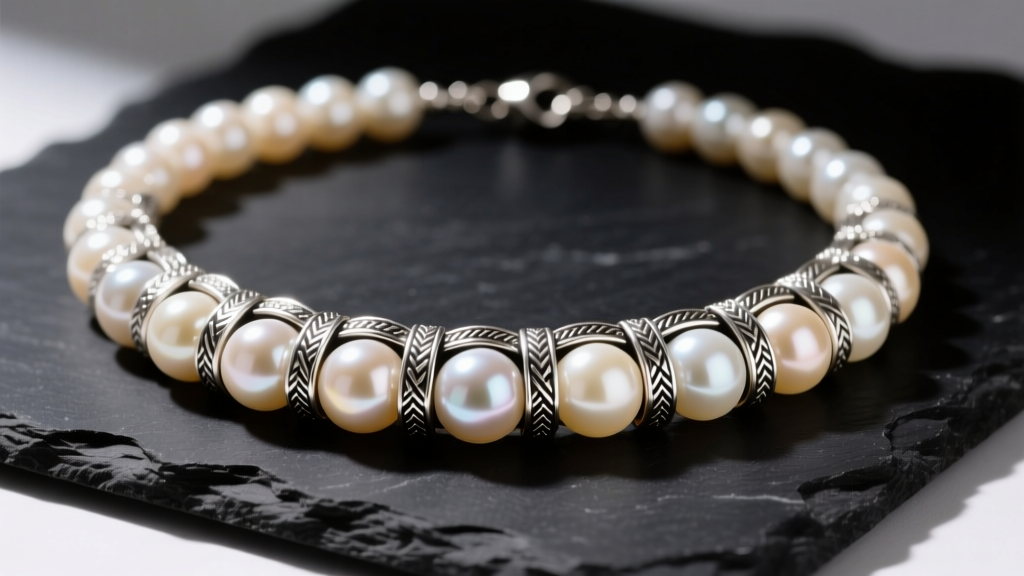 Close-up of a graduated Navajo pearl necklace on dark slate, highlighting textured silver seams and bright sterling luster.