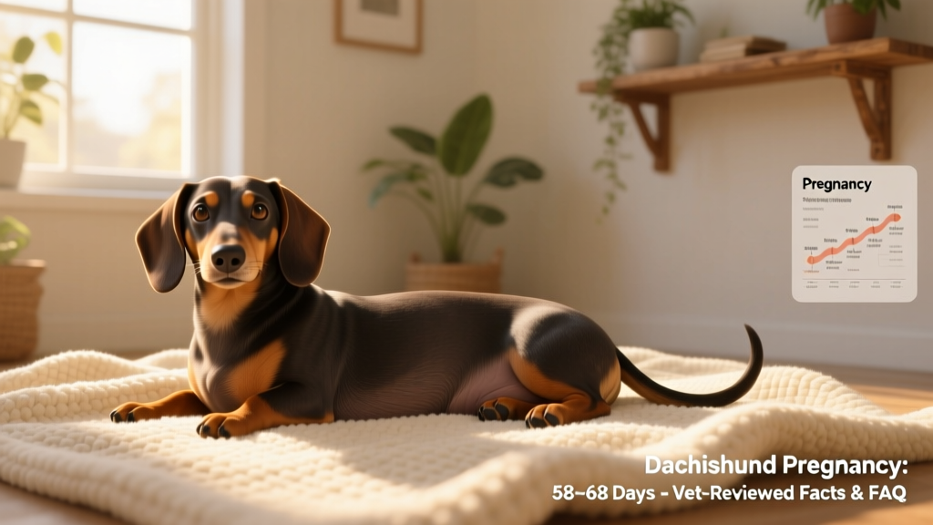A calm, healthy pregnant dachshund resting on a soft blanket