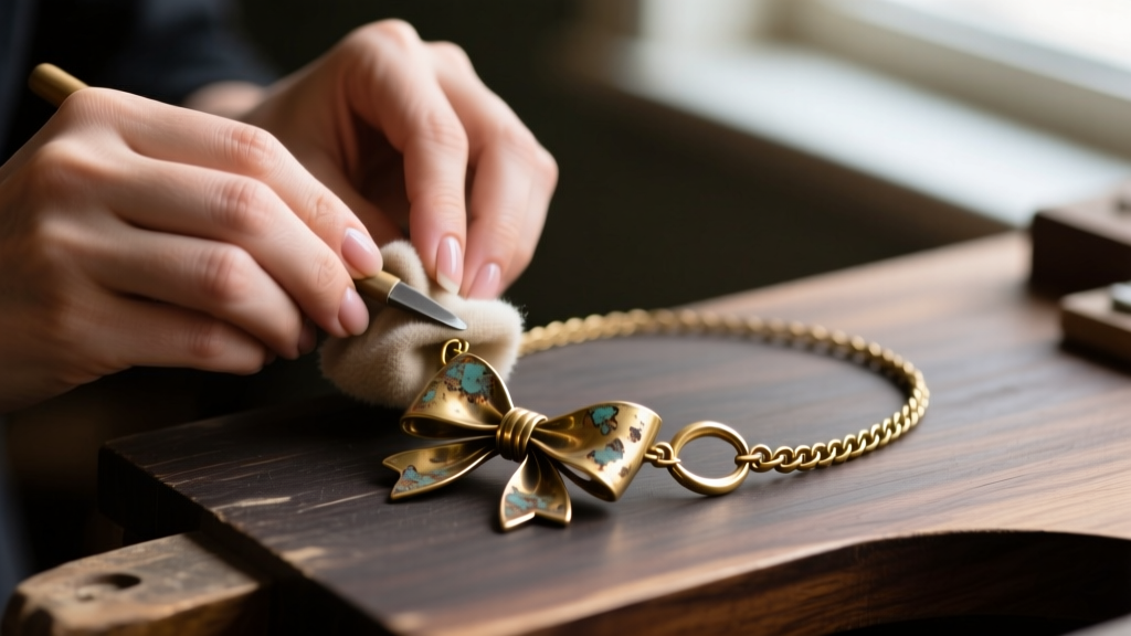 Jeweler hands using a soft cloth to clean tarnish from the loops of a vintage brass bow necklace on a dark wood workbench.
