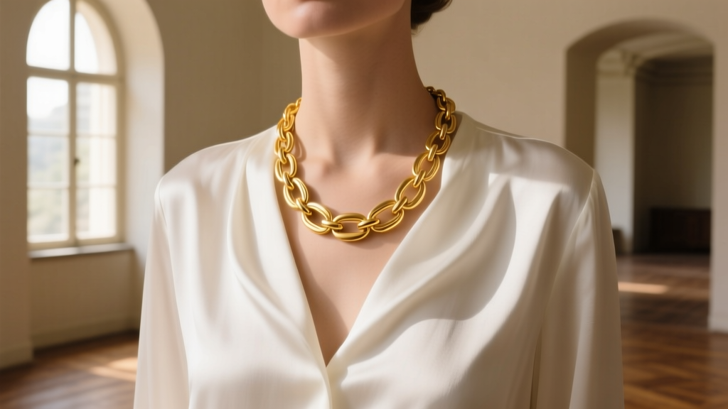 1970s Florentine yellow gold modular link necklace draped over a white silk blouse in soft, diffused natural window lighting.