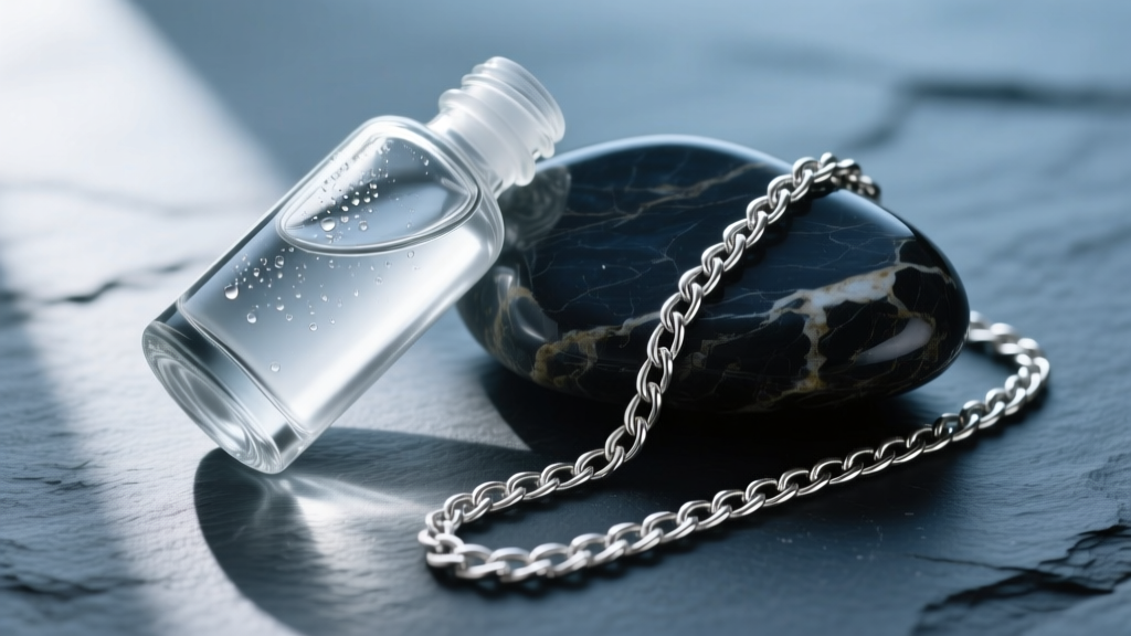 Glass bottle of silver testing acid and a dark stone resting next to a polished sterling silver chain on a slate background.