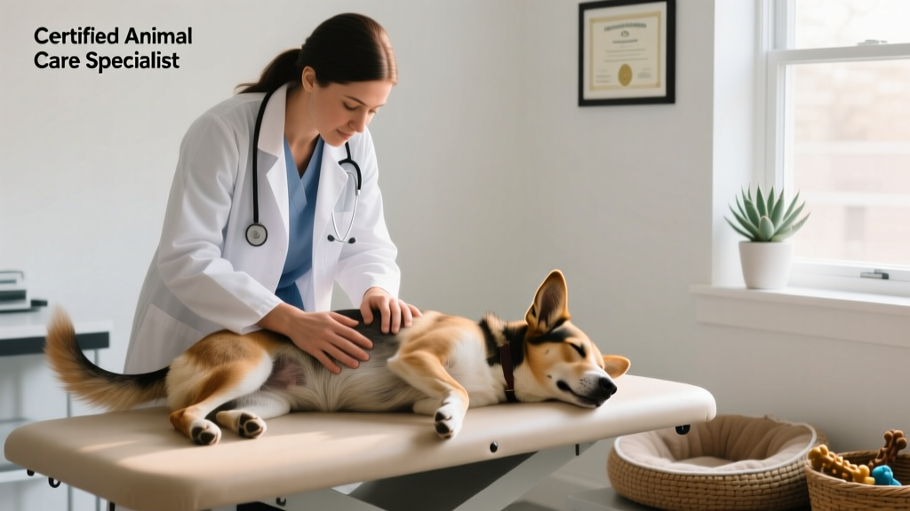 Veterinarian performing a gentle pre-surgical exam on a calm dog
