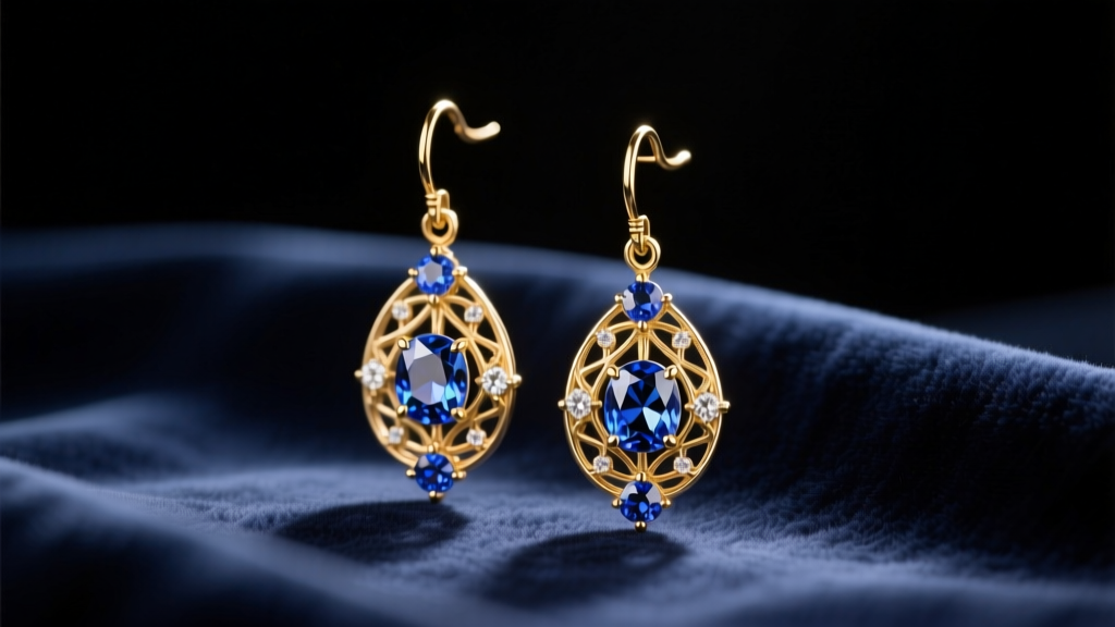 14k gold chandelier drop earrings with sapphires on velvet, lit by studio lighting to show intricate metalwork and gem facets.