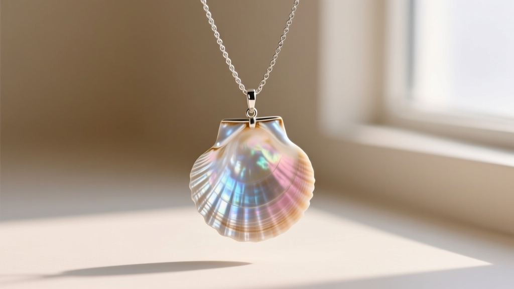 Macro shot of a genuine organic scallop shell pendant with natural pearlescent hues, hanging from a delicate silver rope chain.