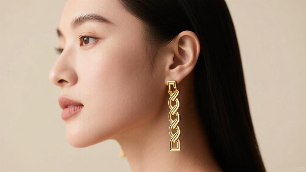 Side profile of a woman with a round face wearing elongated 14k gold Greek key dangle earrings against a neutral beige background.