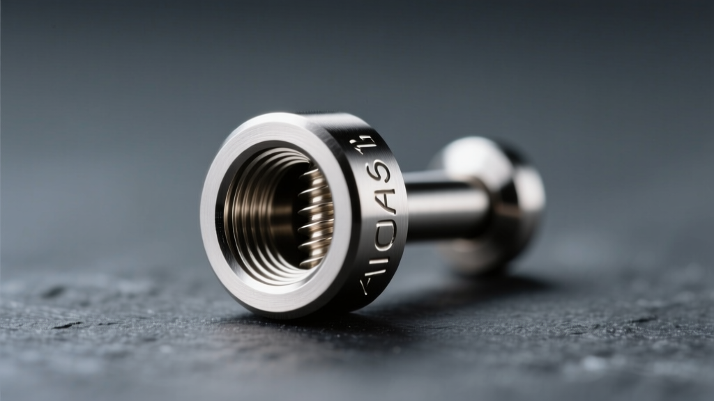 Macro shot of a 16-gauge titanium labret stud, highlighting internal machined screw threads against a dark slate background.