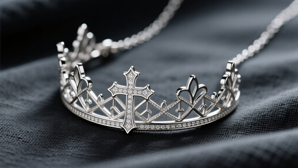 Sterling silver cross crown necklace on dark charcoal linen, highlighting intricate filigree details and sharp edges