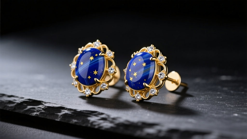 Lapis lazuli and gold earrings on dark slate, highlighting deep blue hues and golden pyrite flecks under soft light.
