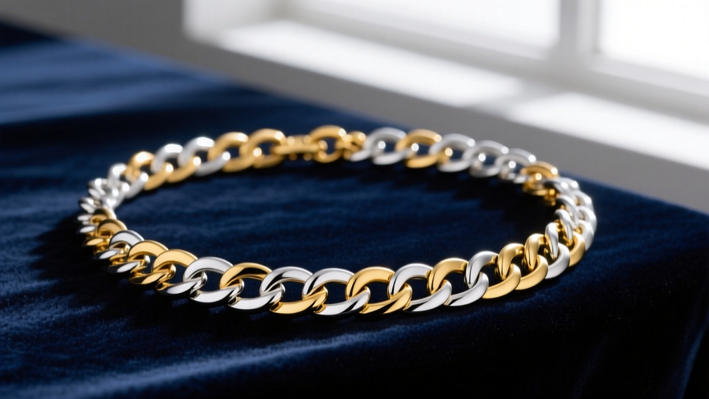 Close-up of a two tone silver and gold necklace on velvet, showing alternating 14k gold and 925 silver curb links in soft lighting