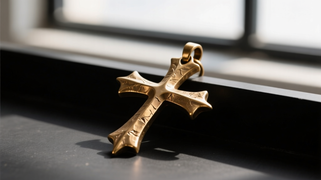 Close-up of a raw brass casting of a three-nail cross pendant on a jeweler's bench, showing unpolished metal and attached sprues.