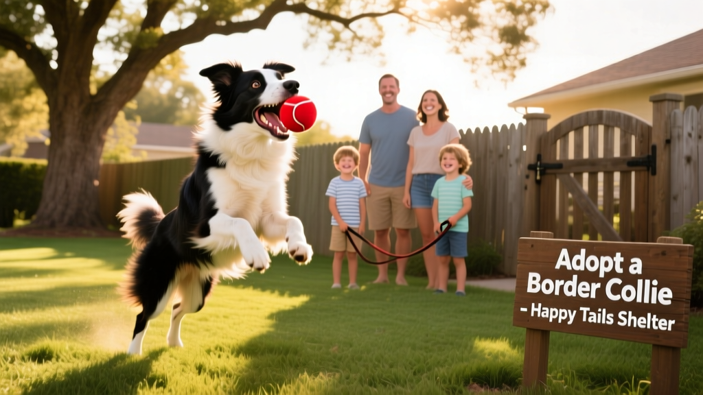 A happy Border Collie playing fetch in a fenced backyard with a smiling family