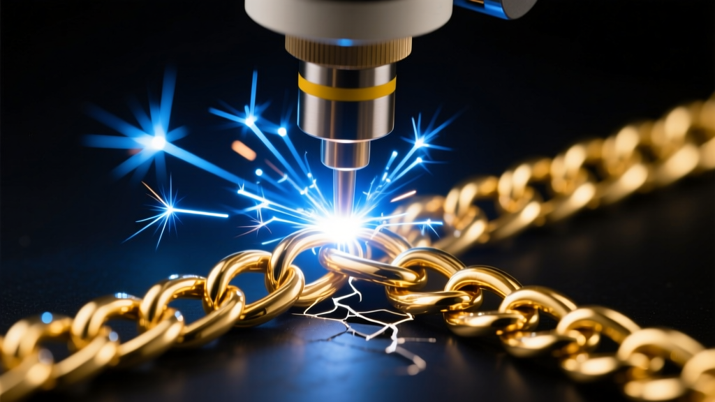 A laser welder repairing a broken 14k gold rope chain link under a microscope, with bright sparks illuminating the dark
