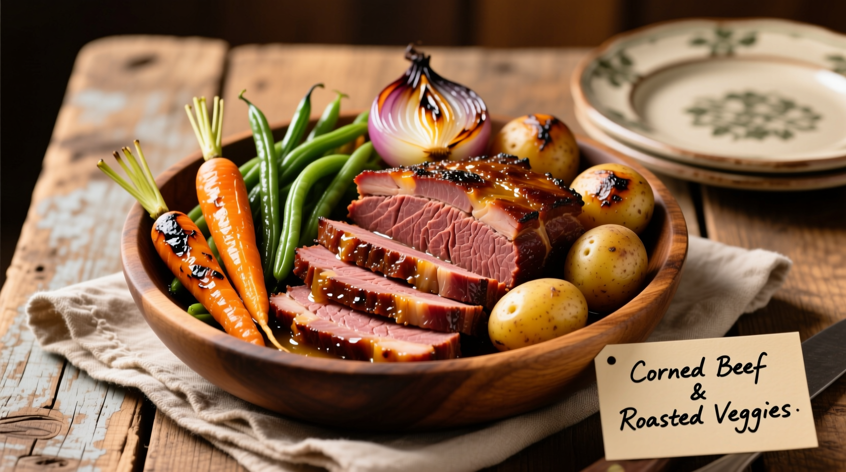 Sliced corned beef brisket with vegetables