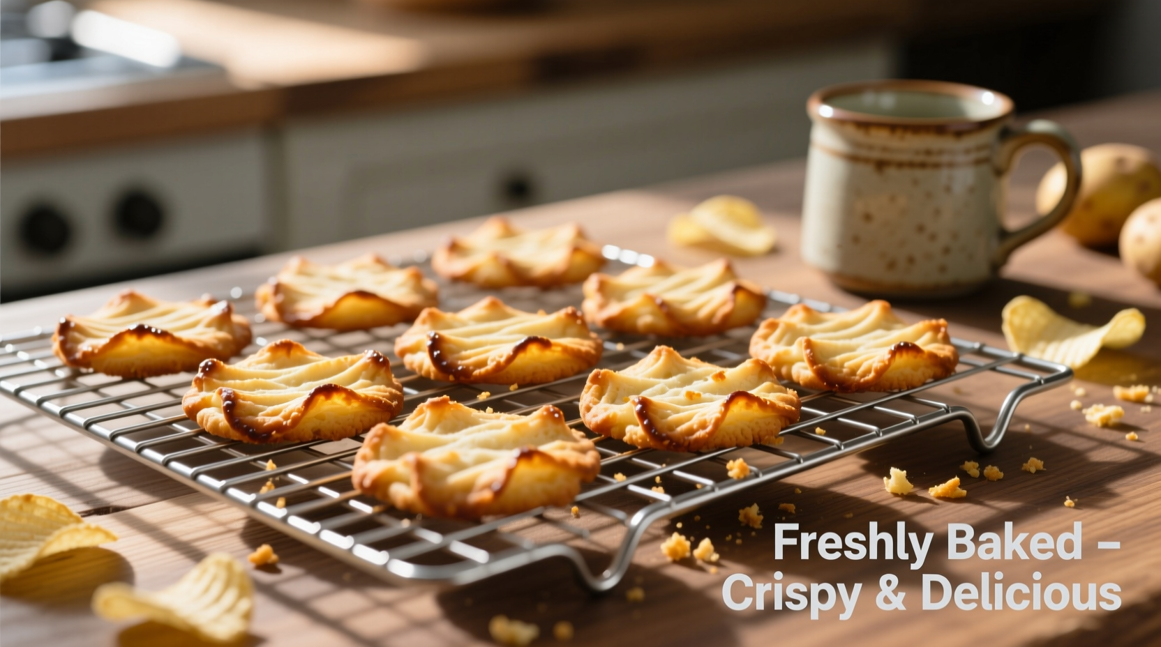 Freshly baked potato chip cookies on cooling rack