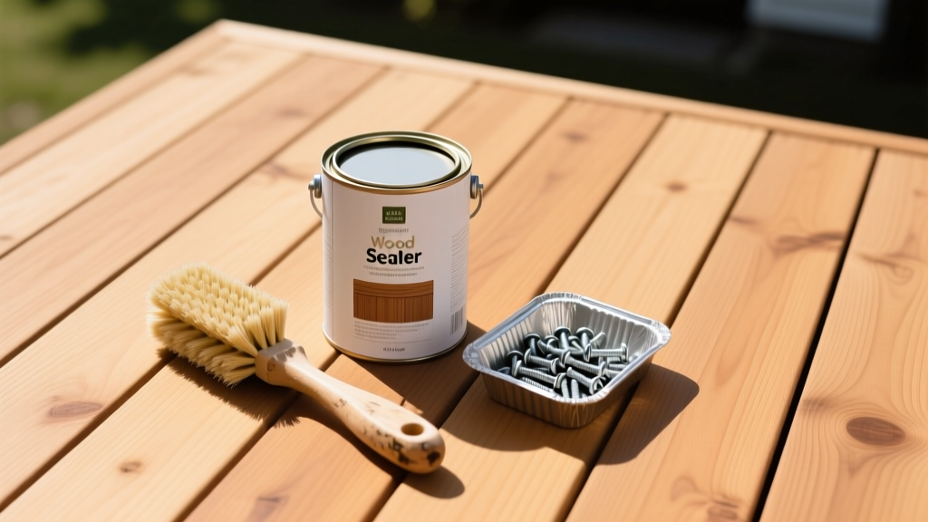 Top-down view of a well-maintained 8x12 cedar deck with a gallon of wood sealer, scrub brush, and replacement fasteners neatly arranged