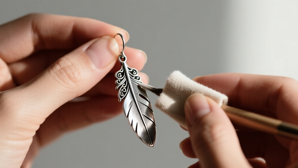 Hands using a polishing cloth to gently buff a sterling silver western feather earring, avoiding dark oxidized stamped crevices
