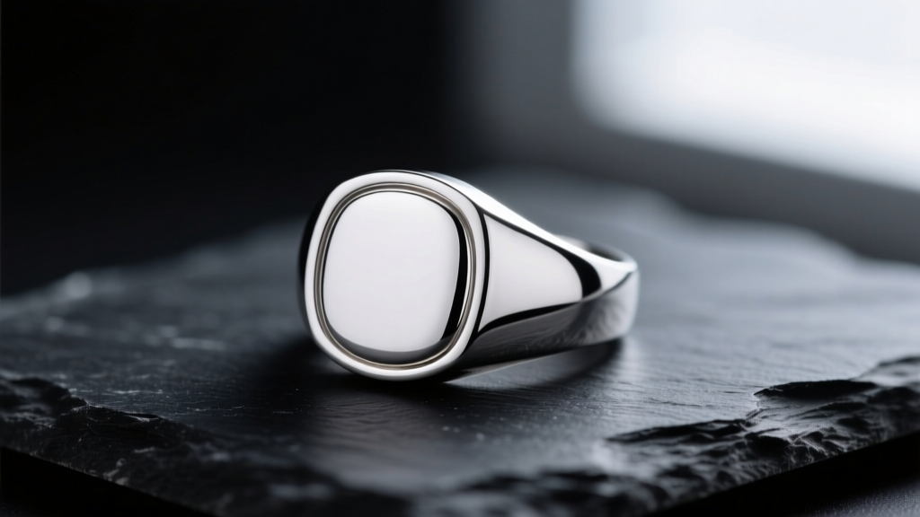 Macro shot of a rhodium-plated sterling silver signet ring displaying a mirror-like reflective bezel on a dark slate background.