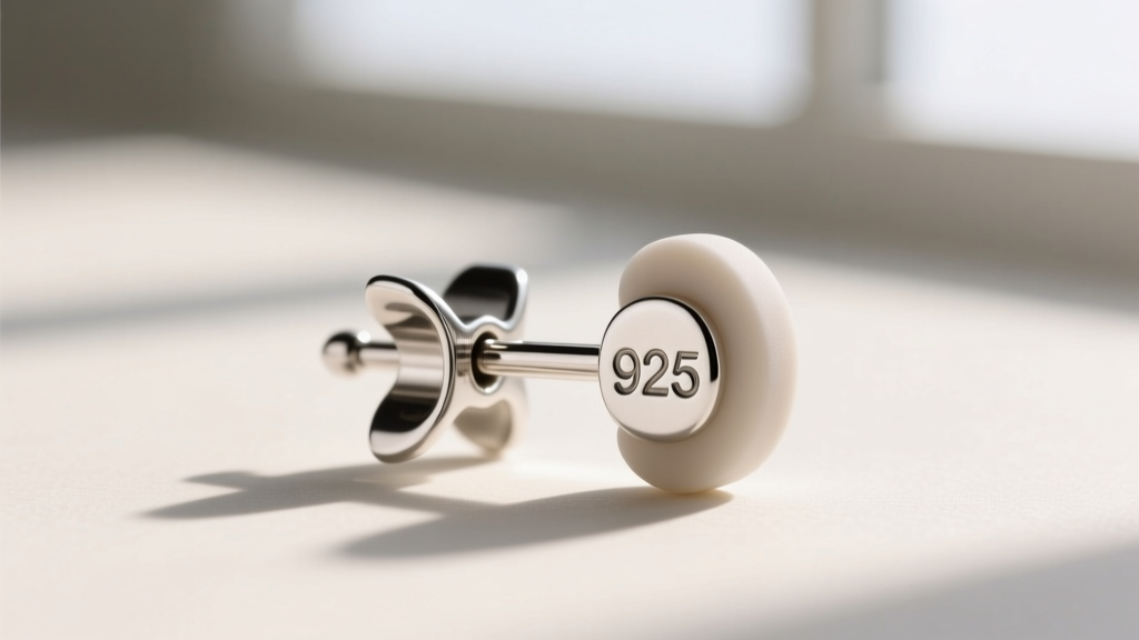 Side view of a 20-gauge sterling silver post with silicone back, showing the stamped 925 hallmark on the metal butterfly clutch