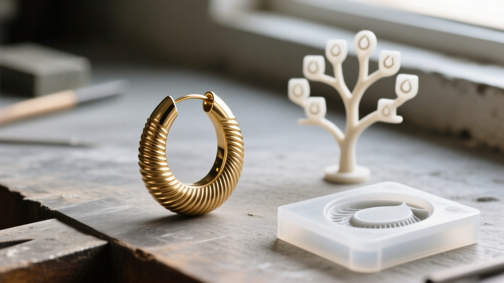 Close-up of jeweler workbench showing raw brass master model of ribbed hoop earring next to silicone mold and casting tree