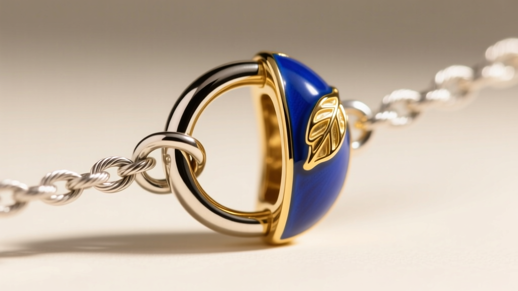 Macro shot of a 20-gauge open jump ring connecting a heavy enamel charm to a cable chain, showing the precise diagonal cut.