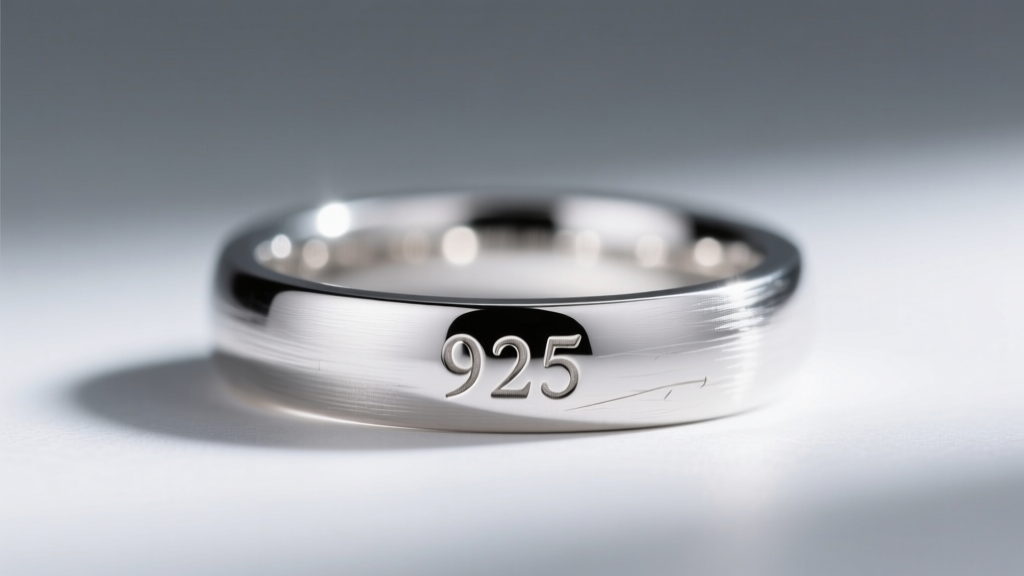 Macro shot of a sterling silver ring hallmark stamped 925, illuminated by a bright jeweler's loupe light against dark velvet