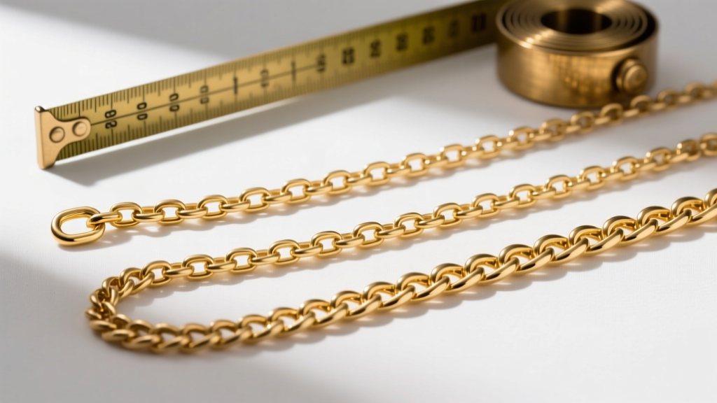 Flat lay of three solid gold chains of varying lengths showing proper layering spacing with a measuring tape in the background