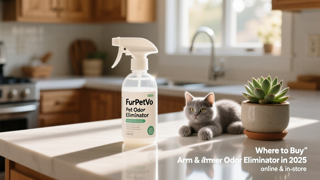 Close-up of a FurPetVo Pet Odor Eliminator spray bottle on a clean kitchen counter next to a cat toy and a small potted plant