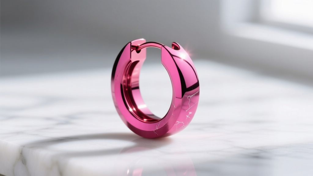 Close-up of a hot pink PVD titanium hoop earring on white marble, reflecting soft light to highlight its polished metallic finish