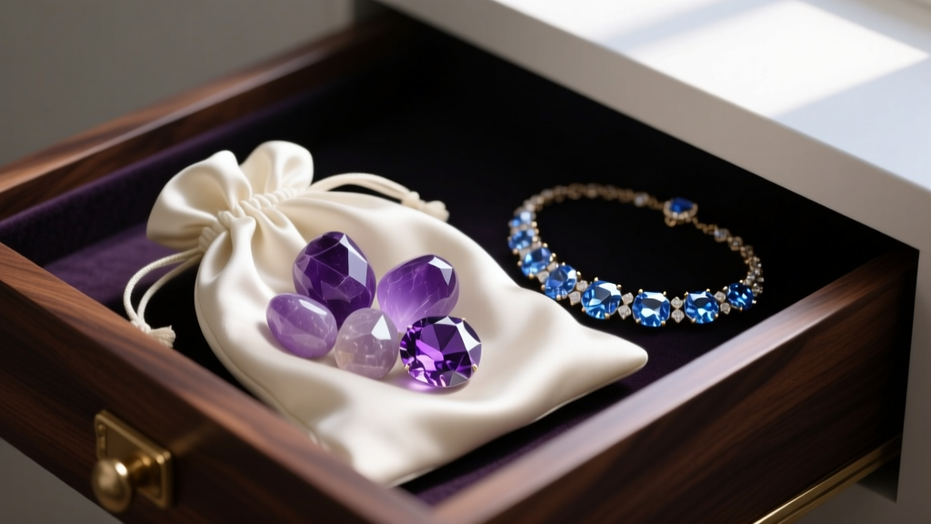 Smooth tumbled amethyst stones in a silk pouch beside the sharp facets of a sapphire necklace inside a dark wood drawer.