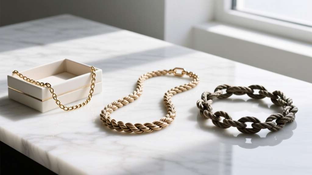 Three jewelry chains laid side-by-side on white marble: a delicate box chain, a textured wheat chain, and a sturdy rope chain.