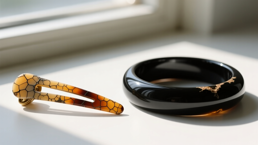 Side-by-side view of a cracked celluloid hairpin and polished Bakelite bangle highlighting distinct crazing and color shifts