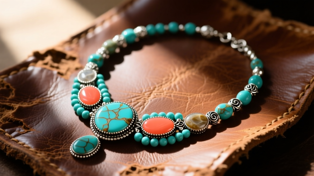 Flat lay of a vintage turquoise and coral necklace on distressed leather with silver beads and natural matrix, soft sunlight.