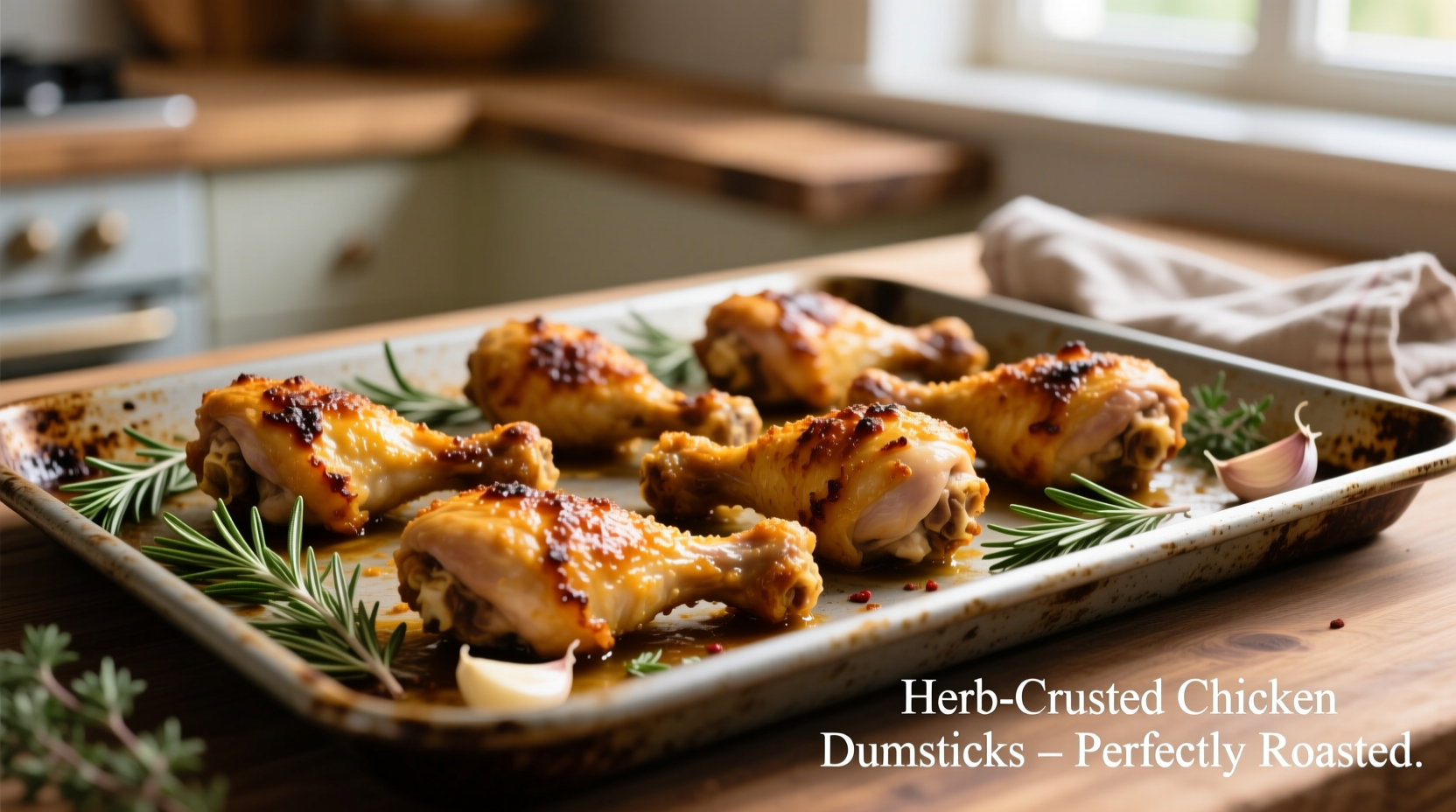 Golden brown chicken drumsticks on baking sheet with herbs
