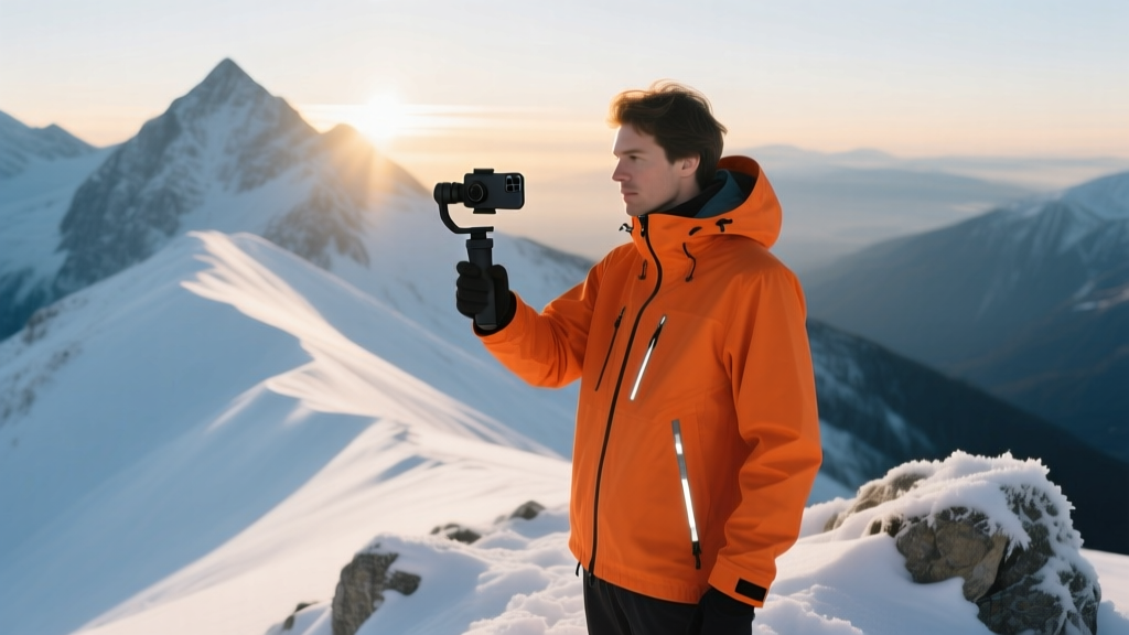 Hiker in bright orange waterproof jacket adjusting a 3-axis smartphone gimbal while standing on a snowy alpine ridge at sunrise