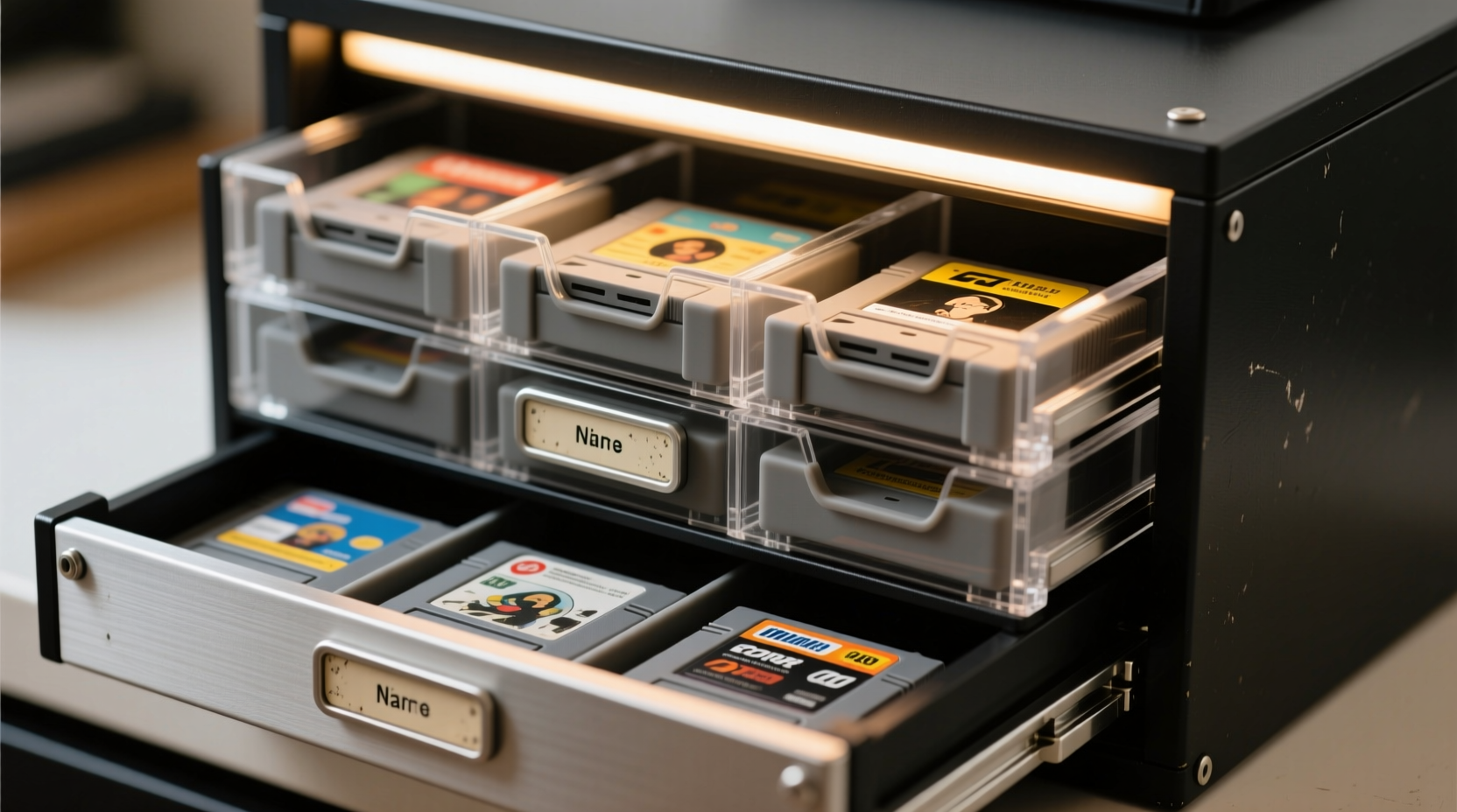 closet organization tips for vintage game cartridges