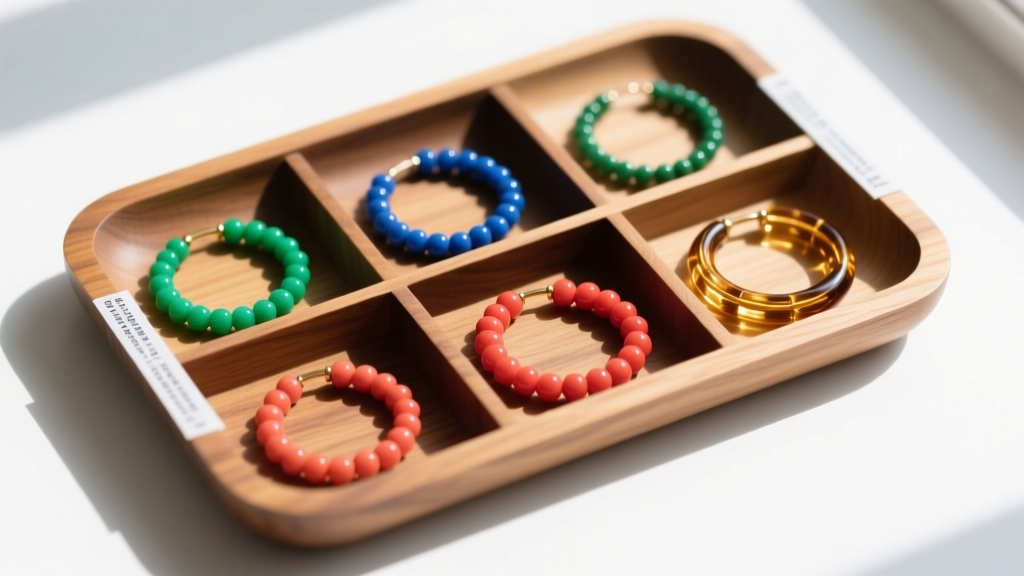 Overhead view of a wooden jewelry tray with anti-tarnish silica strips and separated compartments holding colorful beaded hoops.