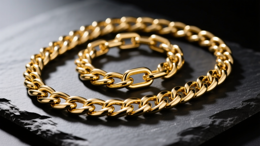 Close-up of three tangled gold chains, herringbone and box links, on a dark slate surface under bright, focused studio lighting.