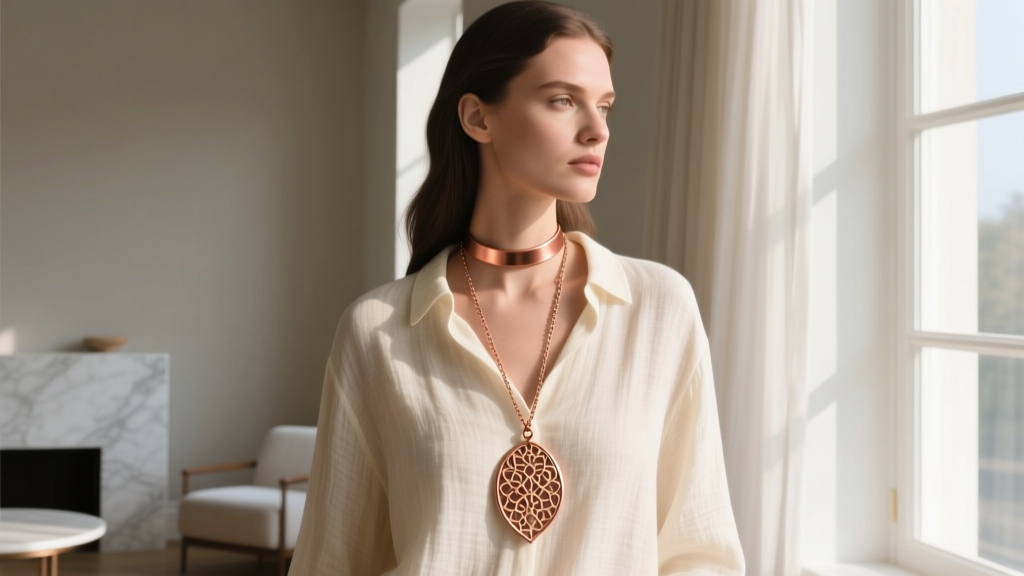 Model wearing a layered copper bathhouse pendant over a cream linen shirt, showcasing a 20-inch cable chain and 16-inch choker