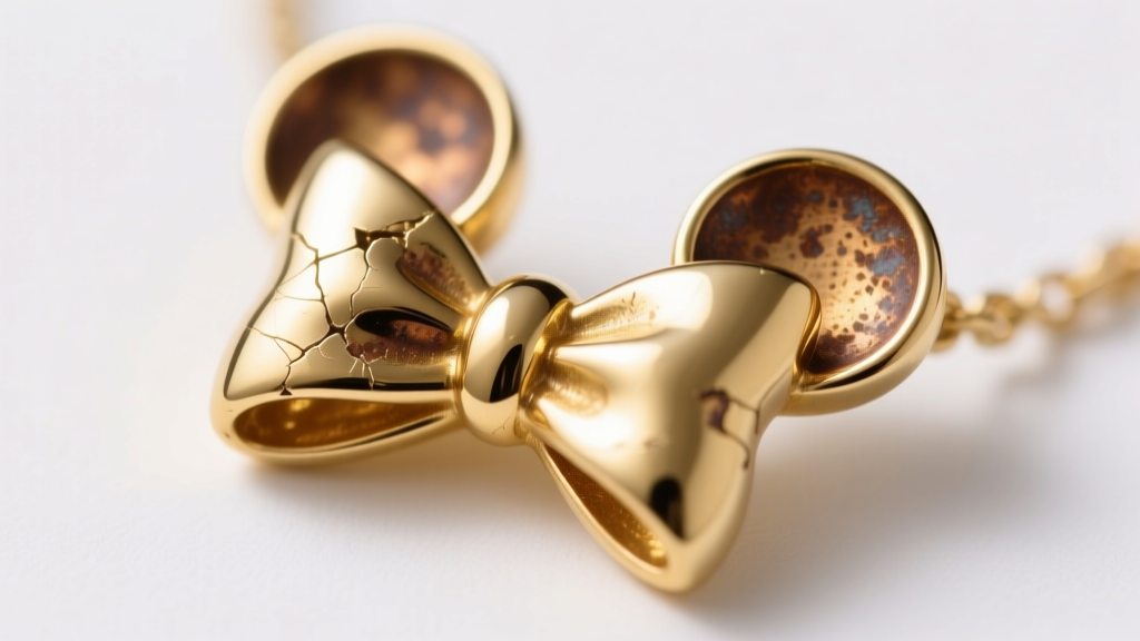 Macro shot of a gold vermeil Minnie bow pendant edge where plating has worn away, revealing tarnished brass base metal